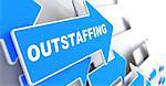 Outstaffing - Business Background. Blue Arrow with "Outstaffing" Slogan on a Grey Background. 3D Render.