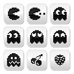 Vector black buttons set of pixelated pacman retro computer game from 80s