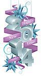 Blue and silver happy new year 2014 ornaments with a purple ribbon reading happy new year