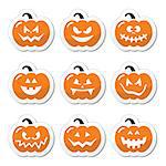 Celebrating halloween - pumpkin with scary faces labels set isolated on white