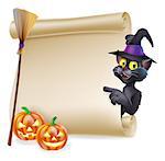 A Halloween black cat in witch's pointed hat pointing at the sign. Also with witch broom and carved pumpkins.