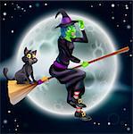 A Halloween illustration of a green witch flying on her broom with her cat in front of a star lit night sky with full moon