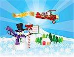 Santa Claus in Biplane Flying Over Winter Snow Scene with Snowman House Trees and Stop Sign Illustration