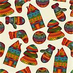 Vector seamless winter  Christams pattern with socks, mittens, fir trees, balls, houses, pattern in swatch menu