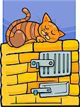 Cartoon Illustration of Tabby Cat Sleeping on Stove