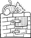 Black and White Cartoon Illustration of Tabby Cat Sleeping on Stove for Coloring Book