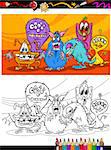 Coloring Book or Page Cartoon Illustration of Black and White Monsters Characters Group for Children