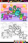 Coloring Book or Page Cartoon Illustrations of Fantasy Creatures Comic Mascot Characters Group for Children