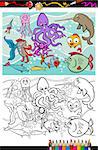Coloring Book or Page Cartoon Illustrations of Funny Sea Life Animals and Fish Mascot Characters Group for Children