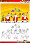 Coloring Book or Page Cartoon Illustration of Themes Set with Santa Claus Group with Christmas Presents and Decorations for Children