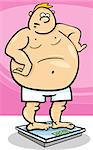 Cartoon Illustration of Overweight Man on Weight