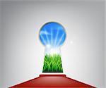 Keyhole entrance with an idyllic grassy field representing the future, success, a new opportunity or positive change