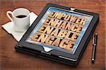 empower, enhance, enable and engage - motivational business concept - a collage of words in letterpress wood type on a digital tablet