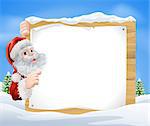 An illustration of a snow scene Christmas Santa sign with Santa Claus peeking round the sign and pointing in the middle of a winter landscape