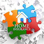 Home Insurance Inscription with Home Icon on Multicolor Puzzle. Business Concept.