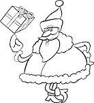 Black and White Cartoon Illustration of Funny Santa Claus Character with Christmas Present for Coloring Book