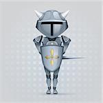 crusader knight with a big head is covered with a shield