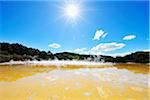 Sun over Wai-O-Tapu Thermal Wonderland, Bay of Plenty, North Island, New Zealand