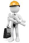 3d white architect with plans hard helmet and briefcase. 3d image. Isolated white background.