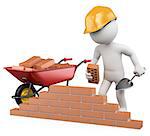 3d white worker building a brick wall. 3d image. Isolated white background.