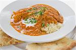 East Indian Butter Chicken Curry Over Basmati Rice with Naan Bread
