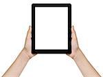 female teen hands holding generic tablet pc with blank screen, isolated