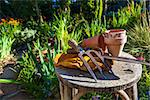Gardening tools utensils, gloves and flower pots resting on a stool in a green garden