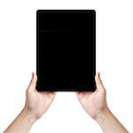 adult man hand holding generic tablet pc with black screen, isolated