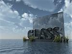 the word glass in glass at water and blue cloudy sky - 3d illustration