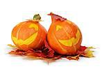 two halloween funny striped pumpkins, isolated on white