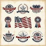 A set of fully editable vintage American labels and badges in woodcut style. EPS10 vector illustration. Use gradient mesh and transparency.