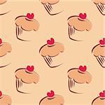 Seamless vector pattern or texture with bigcupcakes, muffins, sweet cake and red heart on top. Background with sweets for  valentines, wallpaper, desktop or culinary blog website