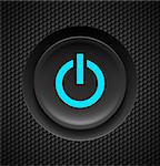 Black button with blue power sign on carbon background.