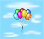 Multicolored glossy balloons flying on blue sky with clouds