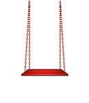 Swing hanging on red chains on white background