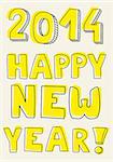 Happy New Year 2014 hand drawn wishes. Doodle sign or number symbol draft with yellow highlighter. Highlighting message isolated on beige background color.