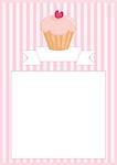 Sweet vector retro cupcake on pink vintage strips background with stripes and white space for your own text message. Button, restaurant menu card, list or wedding invitation.