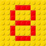 Red number eight in yellow plastic construction kit. Typeface  sample.