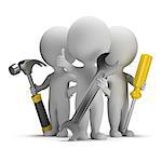 3d small people - three repairman with tools. 3d image. White background.