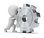 3d small person rolls a large gear. 3d image. Isolated white background.