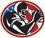 Illustration of an american football gridiron wide receiver running back player running with ball facing side set inside oval with stars and stripes flag done in retro style set inside ball .