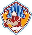 Illustration of an american football gridiron quarterback player throwing ball facing front set inside crest shield with stars and sunburst done in retro style.