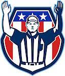 Illustration of an american football official referee with hand pointing up for a touchdown facing front set inside crest shield with stars and stripes flag done in retro style.