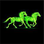Two running fire horses in green on black background.