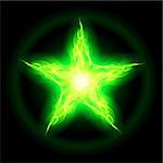 Illustration of green fire star on black background.