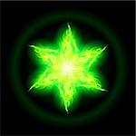 Illustration of green fire hexagram star on black background.