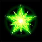 Illustration of green fire star with weak radiance on black background.