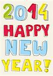 Happy New Year 2014 vector hand drawn colorful wishes. Doodle sign or number symbol draft with yellow, green, red and blue highlighter. Highlighting message isolated on beige background color.