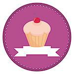 Sweet vector retro cupcake with cherry on top and violet background with white place for your own text. Button, banner or identity for website design.