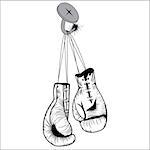 Boxing gloves hang with laces nailed to wall as a business or sport concept of a person that retires give up the fight or prepares for competition. Vector illustration isolated on white background